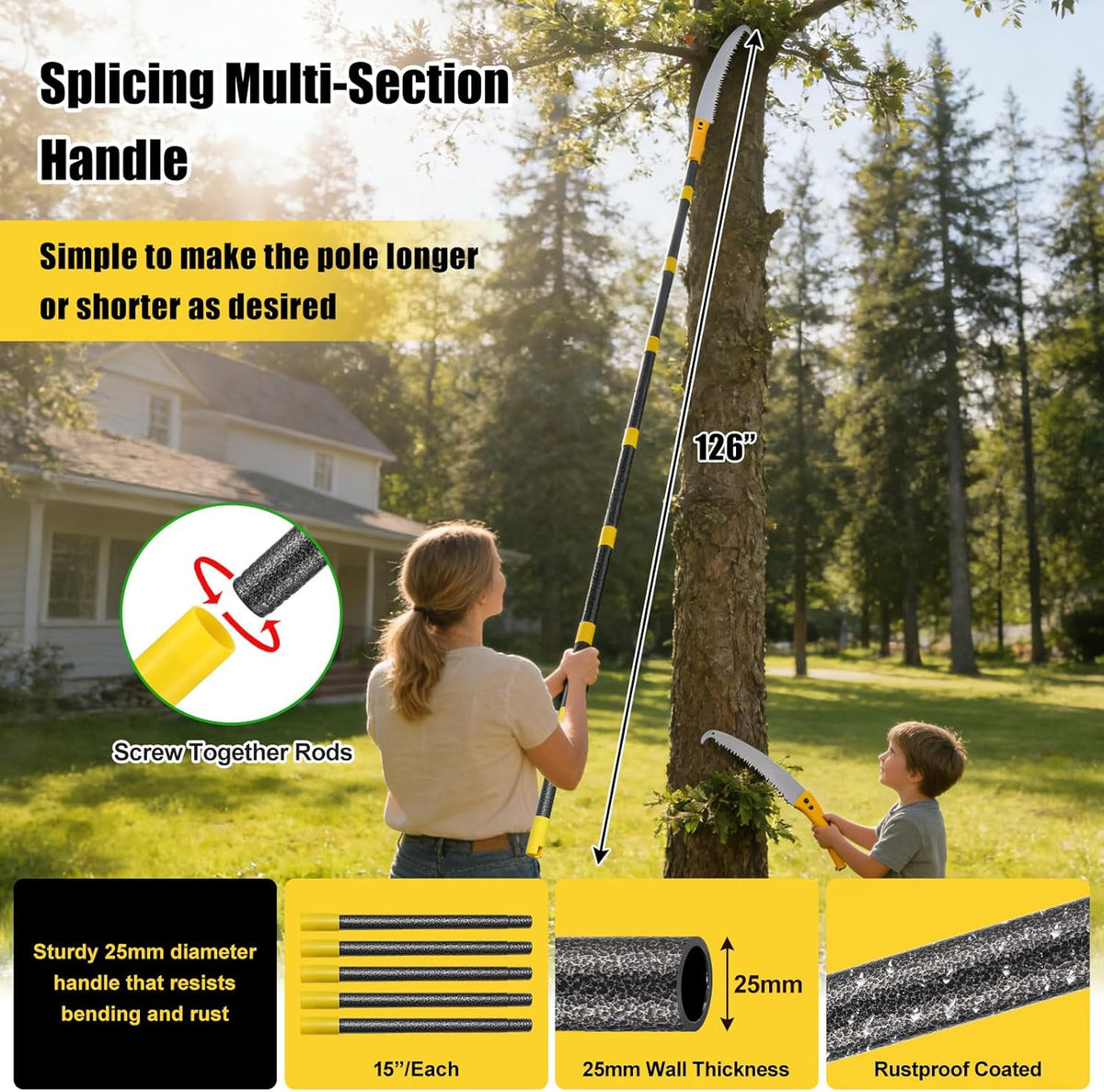 Pole Saw for Tree Trimming, 8FT Lightweight 2 in 1 Manual Hand Saws Tree Trimmer Pole Saw, Sharp Steel Blade, Adjustable Branch Cutter Pruner for Yard Walkway Oak Palm Fruit Pine and Fir Limbs Cutting