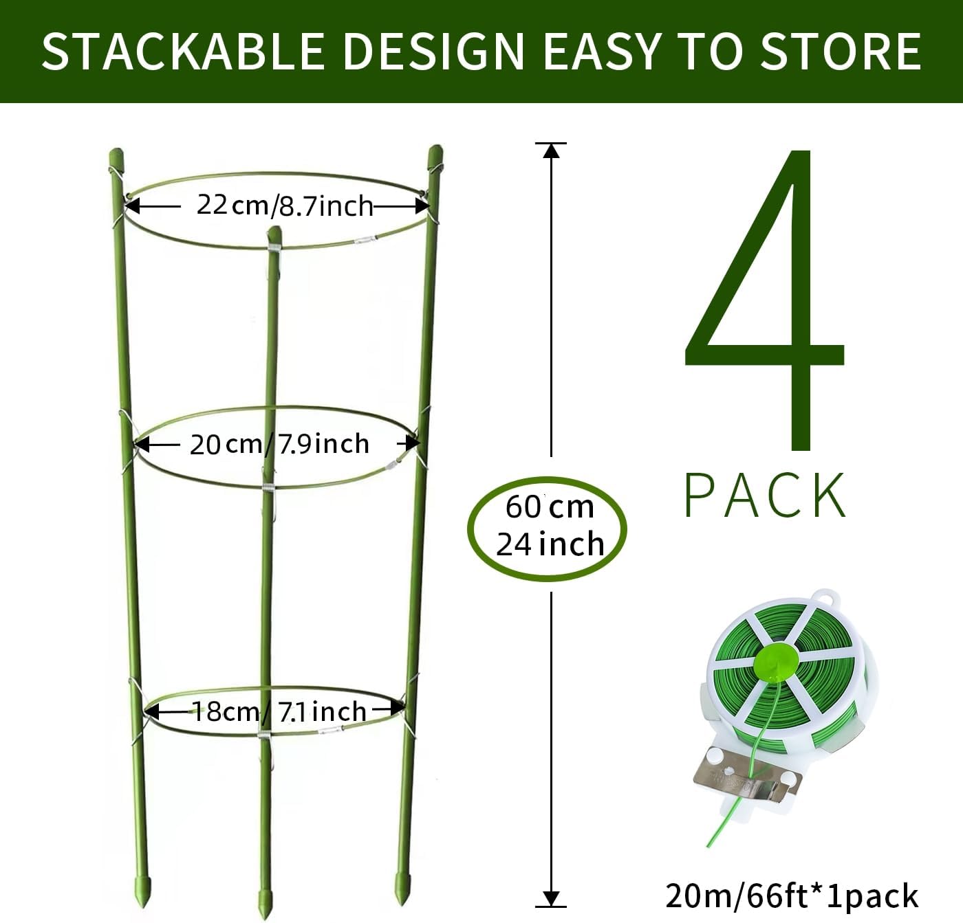 4 Pack Tomato Cage for Garden Plant Support, 18 inches Small Tomato Cages Tomato Trellis with Adjustable Rings, Plant Stakes for Peony Support, Tomato Stakes Rings for Climbing Plants