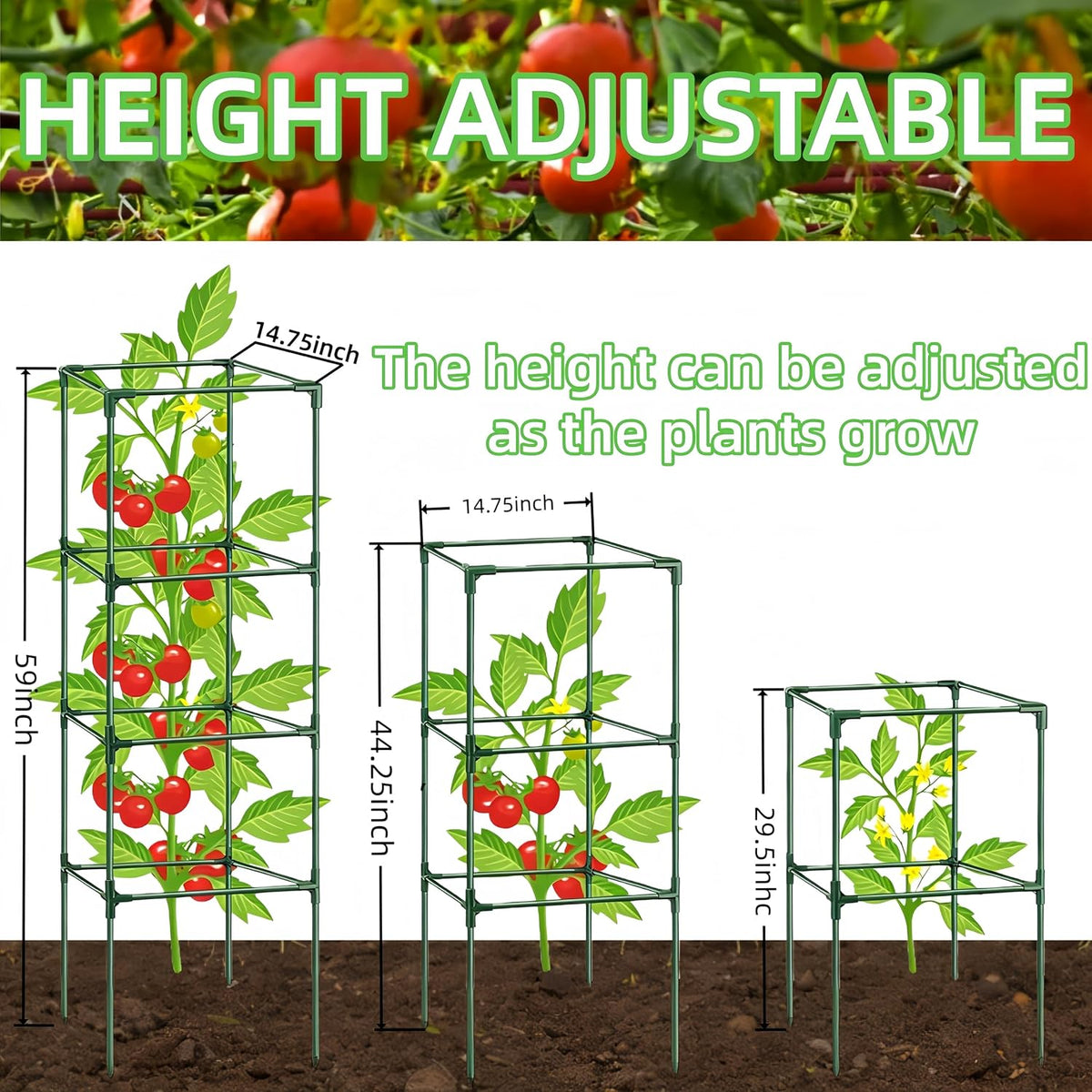 3 Pack Square Tomato Cages for Garden, 59 Inch Tall Heavy Duty Metal Tomato Plant Support Trellis, Adjustable Large Tomato Stakes for Outdoor Pots Climbing Plants, Vegetables, Cucumber