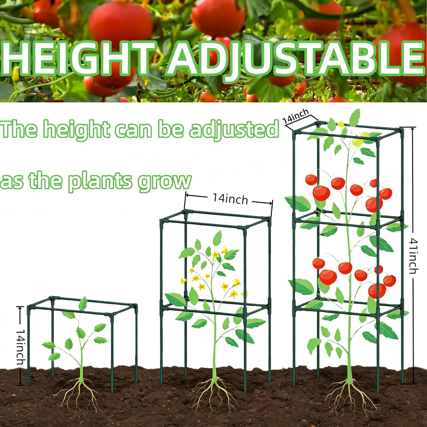 3 Pack Square Tomato Cages for Garden, 59 Inch Tall Heavy Duty Metal Tomato Plant Support Trellis, Adjustable Large Tomato Stakes for Outdoor Pots Climbing Plants, Vegetables, Cucumber