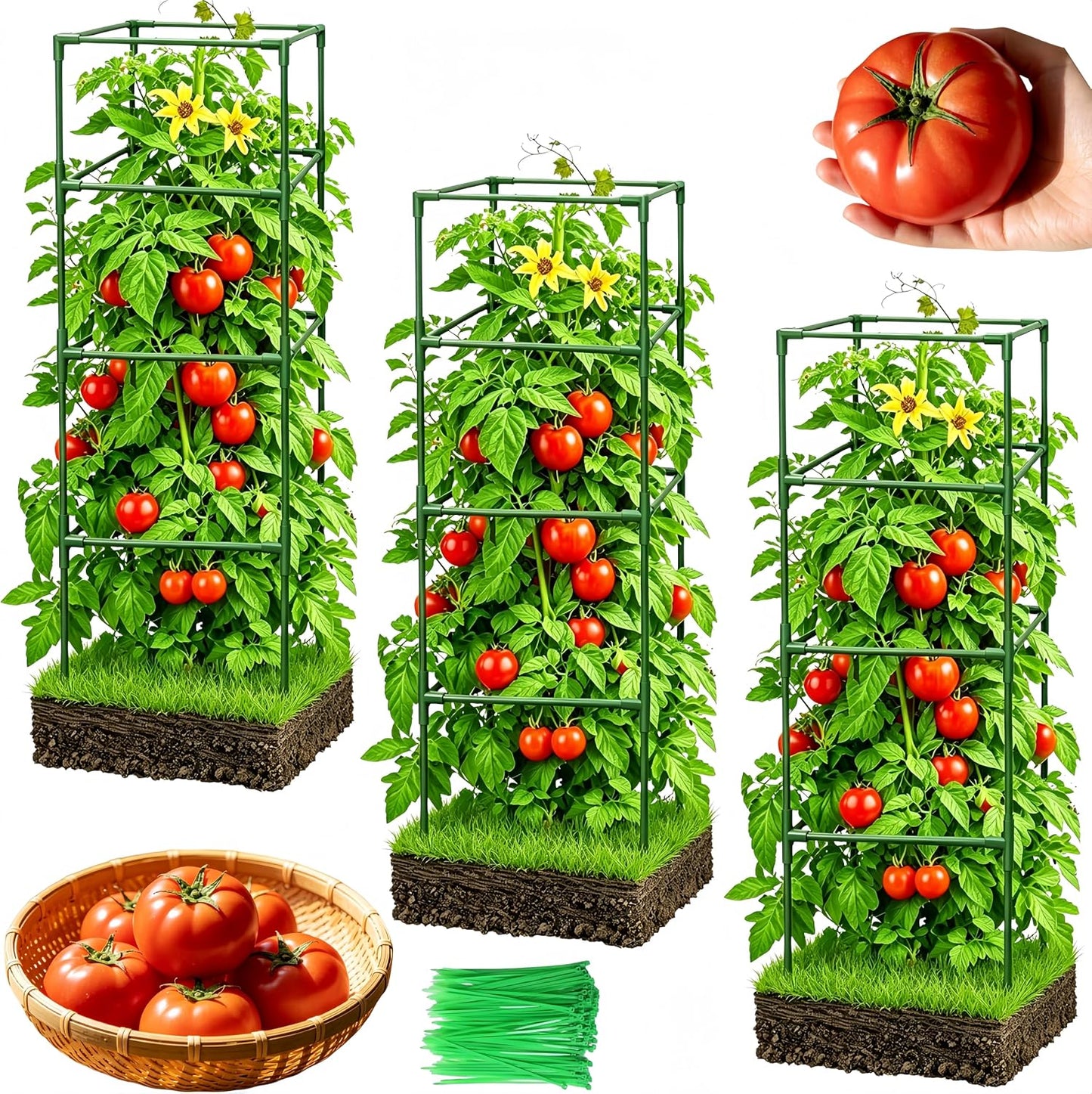 3 Pack Square Tomato Cages for Garden, 59 Inch Tall Heavy Duty Metal Tomato Plant Support Trellis, Adjustable Large Tomato Stakes for Outdoor Pots Climbing Plants, Vegetables, Cucumber