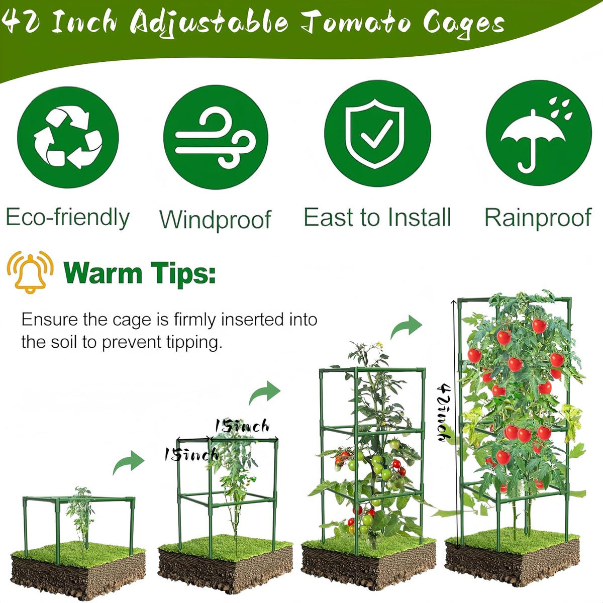3 Pack Square Tomato Cages for Garden, 59 Inch Tall Heavy Duty Metal Tomato Plant Support Trellis, Adjustable Large Tomato Stakes for Outdoor Pots Climbing Plants, Vegetables, Cucumber