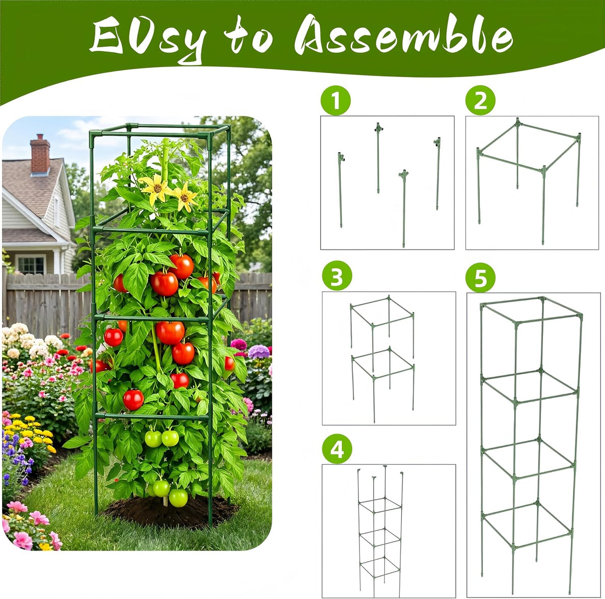 3 Pack Square Tomato Cages for Garden, 59 Inch Tall Heavy Duty Metal Tomato Plant Support Trellis, Adjustable Large Tomato Stakes for Outdoor Pots Climbing Plants, Vegetables, Cucumber