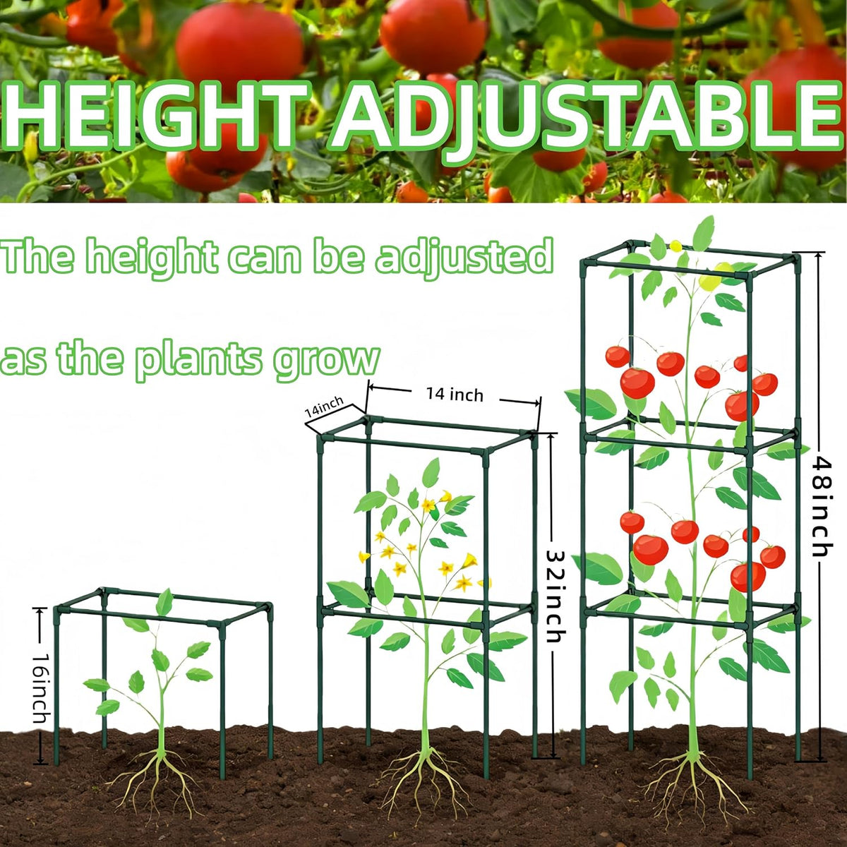 3 Pack Square Tomato Cages for Garden, 59 Inch Tall Heavy Duty Metal Tomato Plant Support Trellis, Adjustable Large Tomato Stakes for Outdoor Pots Climbing Plants, Vegetables, Cucumber