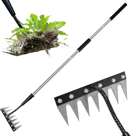 Weed Puller Tool 7-Tooth Iron Weeding Rake with Long Handle - Heavy Duty Garden Weeding Tool for Cultivating, Soil Aeration & Weed Removal