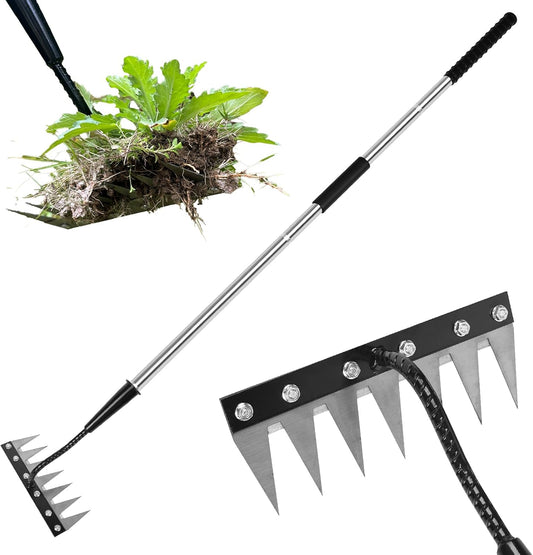 Weed Puller Tool 7-Tooth Iron Weeding Rake with Long Handle - Heavy Duty Garden Weeding Tool for Cultivating, Soil Aeration & Weed Removal
