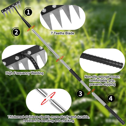 Weed Puller Tool 7-Tooth Iron Weeding Rake with Long Handle - Heavy Duty Garden Weeding Tool for Cultivating, Soil Aeration & Weed Removal