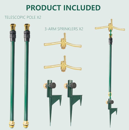 3-Arm Garden Sprinkler, 2 Pack High-Rise Lawn Sprinkler with Adjustable Telescoping Base, 360 Degree Rotation Sprinklers for Large Area Coverage Gardening Watering Lawn Irrigation System