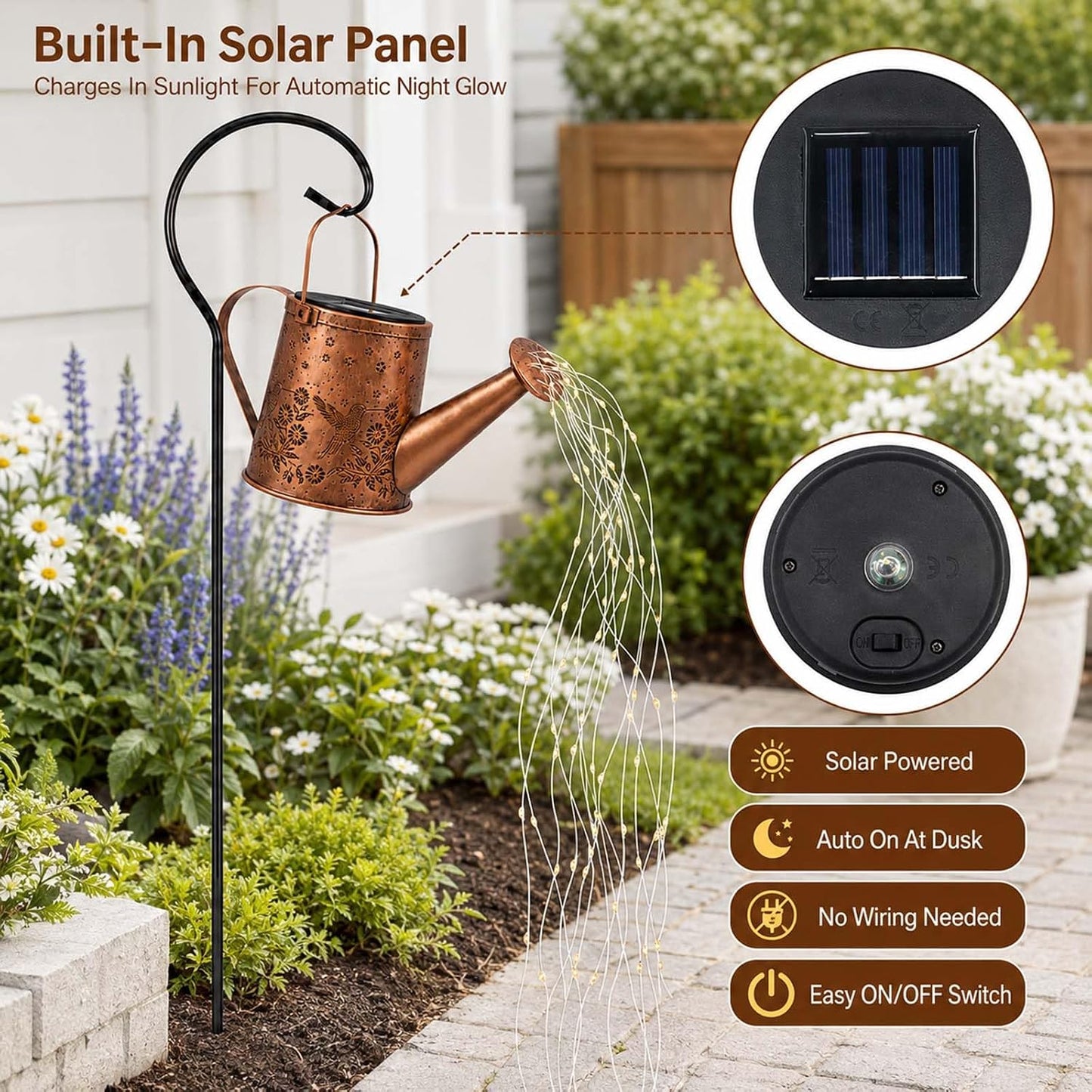 Solar Watering Can Light, LED String Lantern, Hummingbird Garden Yard Decor