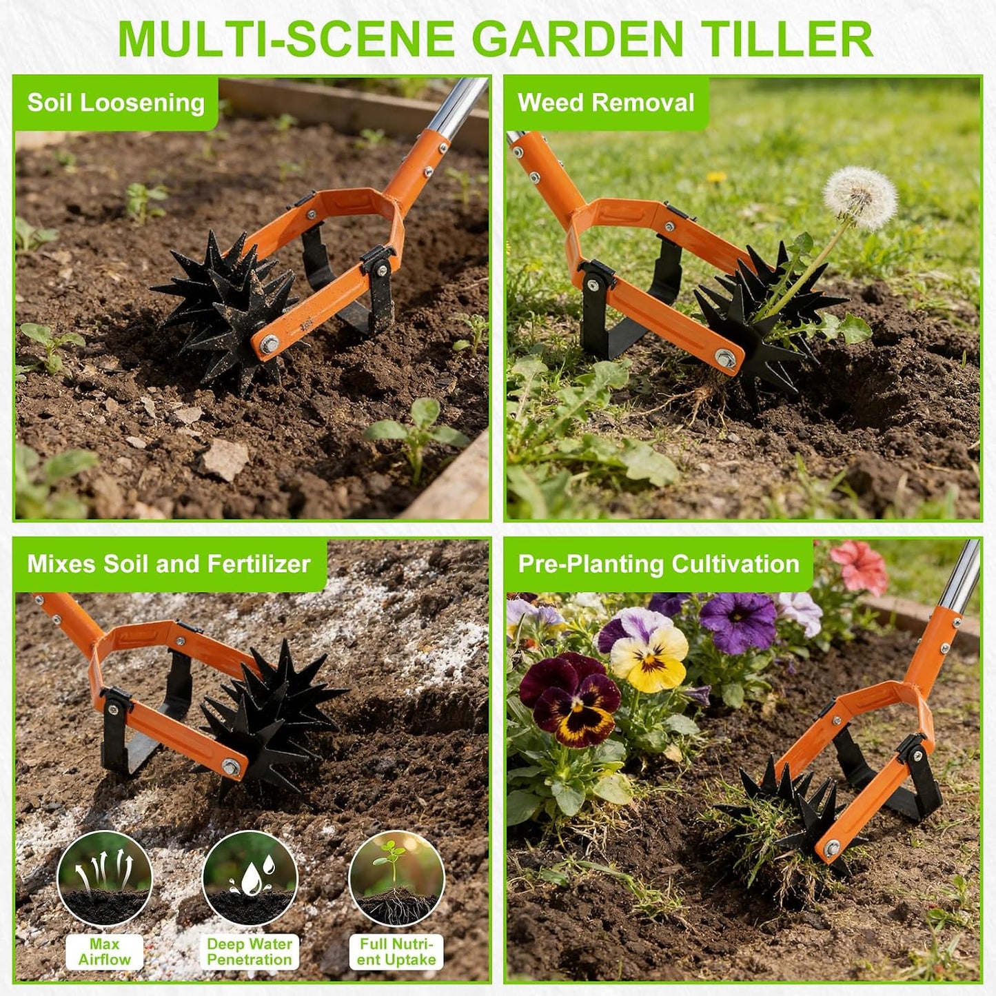 YIAD Rotary Cultivator Garden Tiller, 72" Stainless Steel Hand Tool