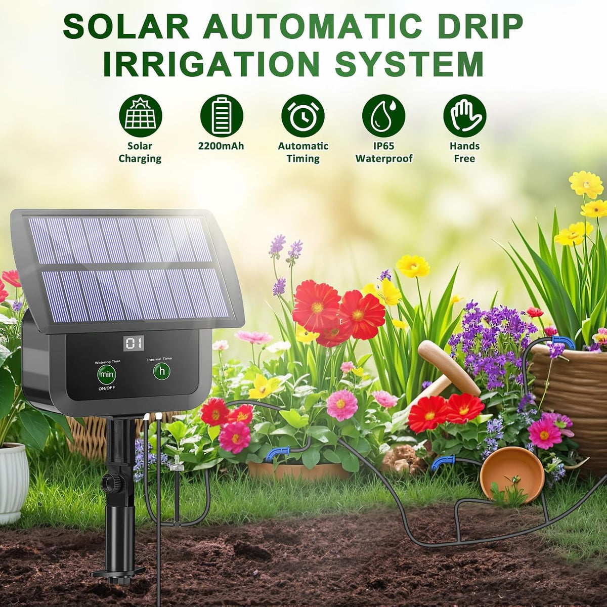 LCD Display Solar Drip Irrigation System Kit, 30 Working Modes & 10 Watering Interval Solar Powered Drip Irrigation Kit Supports 15 Potted Plants, 2200mAh Automatic Watering System for Garden