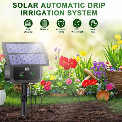 LCD Display Solar Drip Irrigation System Kit, 30 Working Modes & 10 Watering Interval Solar Powered Drip Irrigation Kit Supports 15 Potted Plants, 2200mAh Automatic Watering System for Garden