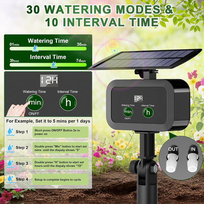LCD Display Solar Drip Irrigation System Kit, 30 Working Modes & 10 Watering Interval Solar Powered Drip Irrigation Kit Supports 15 Potted Plants, 2200mAh Automatic Watering System for Garden