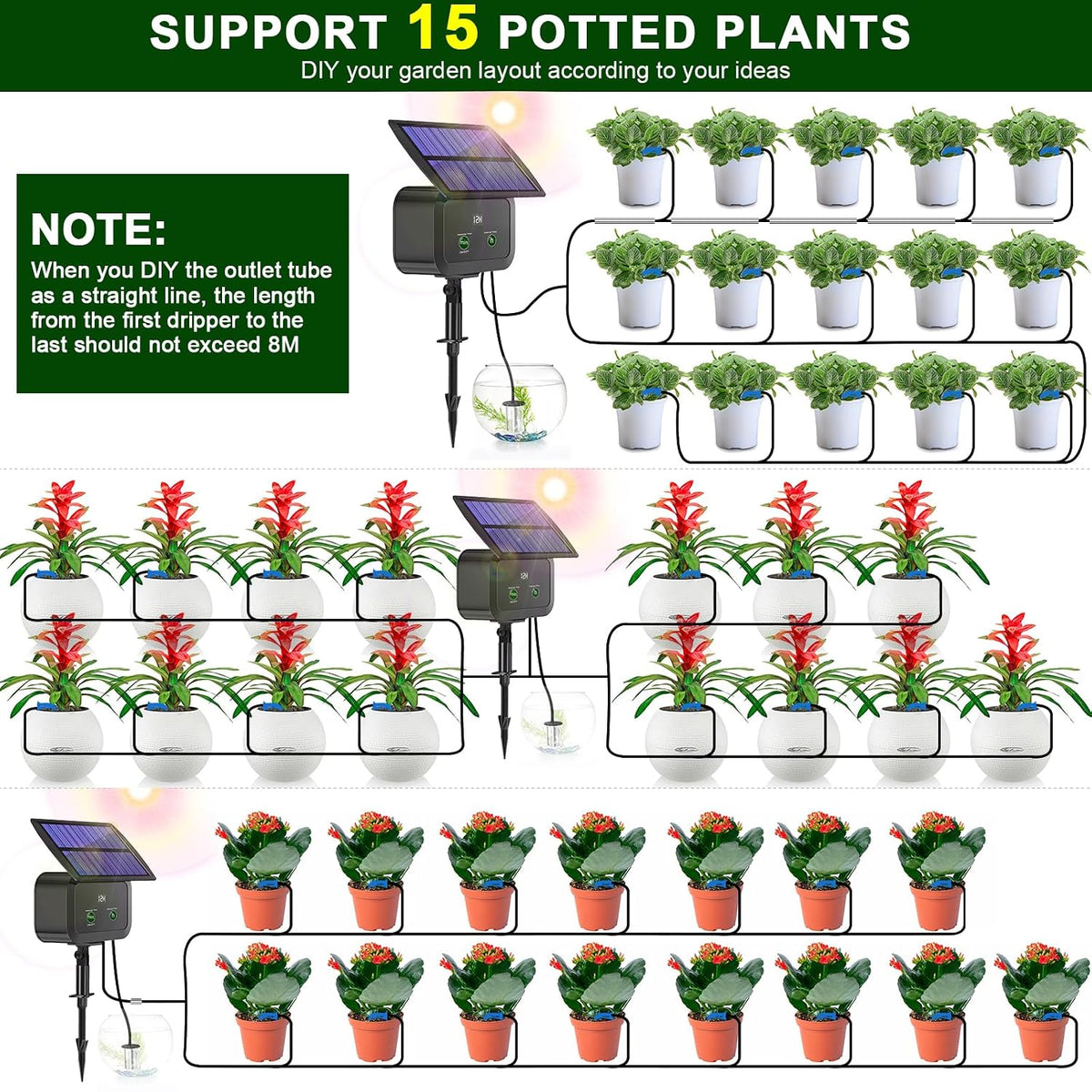 LCD Display Solar Drip Irrigation System Kit, 30 Working Modes & 10 Watering Interval Solar Powered Drip Irrigation Kit Supports 15 Potted Plants, 2200mAh Automatic Watering System for Garden
