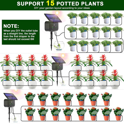 LCD Display Solar Drip Irrigation System Kit, 30 Working Modes & 10 Watering Interval Solar Powered Drip Irrigation Kit Supports 15 Potted Plants, 2200mAh Automatic Watering System for Garden
