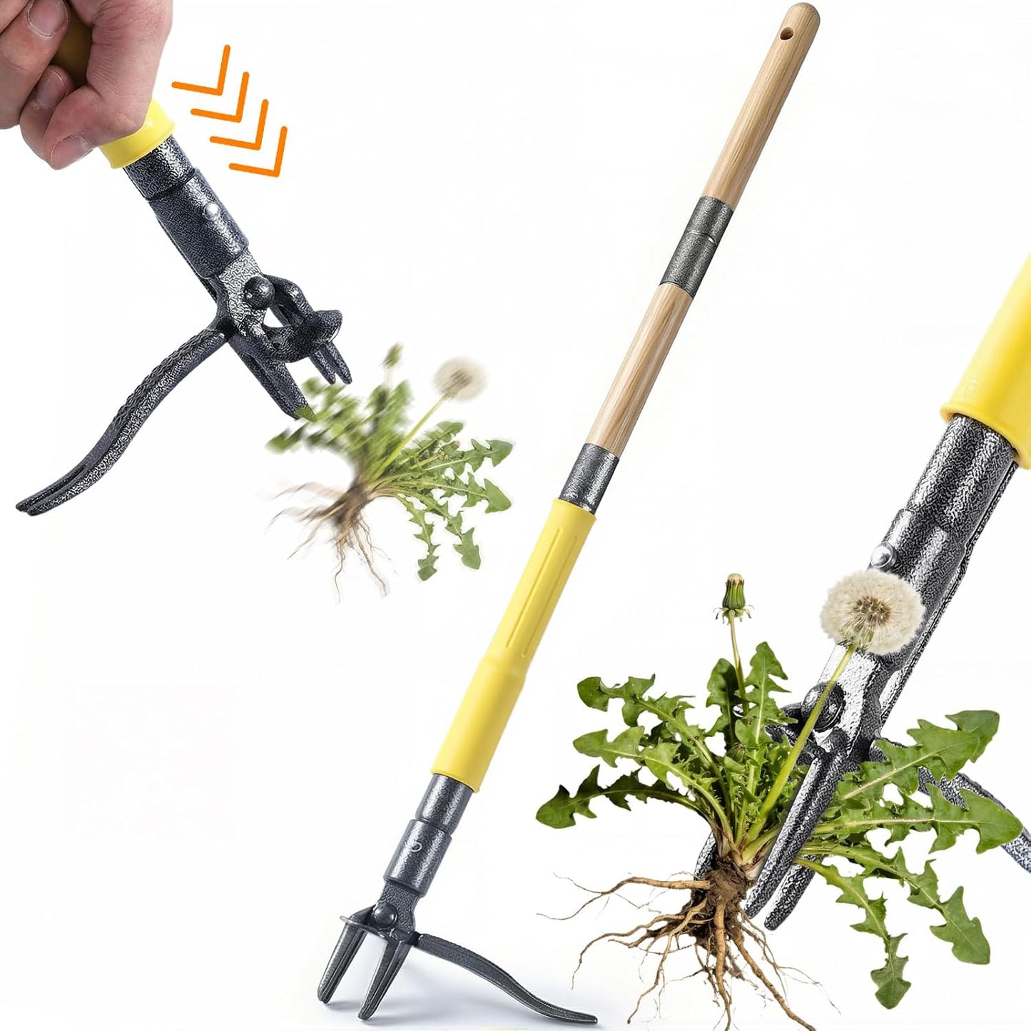 Stand Up Weed Puller Tool with Slide-Release System, Effortless Weeder for Lawn & Garden, 3-Section Wood Handle for Easy Storage, Adjustable Long Handle Weeding Tool for Garden Dandelions & Thistles