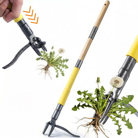 Stand Up Weed Puller Tool with Slide-Release System, Effortless Weeder for Lawn & Garden, 3-Section Wood Handle for Easy Storage, Adjustable Long Handle Weeding Tool for Garden Dandelions & Thistles