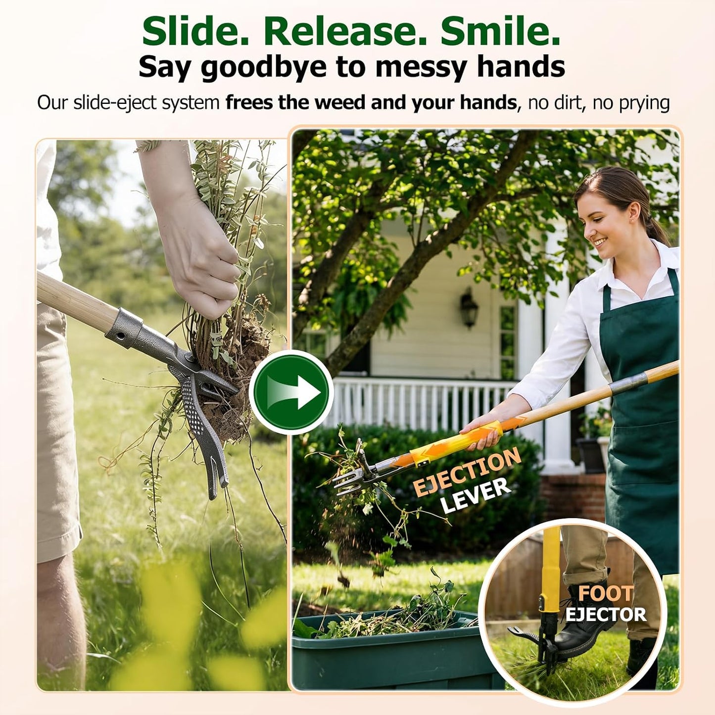 Stand Up Weed Puller Tool with Slide-Release System, Effortless Weeder for Lawn & Garden, 3-Section Wood Handle for Easy Storage, Adjustable Long Handle Weeding Tool for Garden Dandelions & Thistles