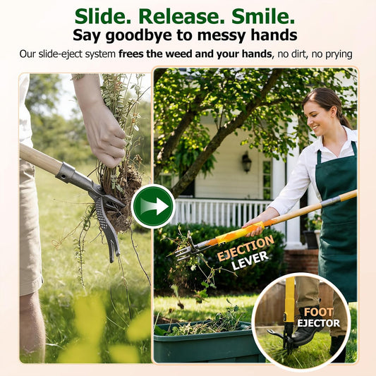 Stand Up Weed Puller Tool with Slide-Release System, Effortless Weeder for Lawn & Garden, 3-Section Wood Handle for Easy Storage, Adjustable Long Handle Weeding Tool for Garden Dandelions & Thistles