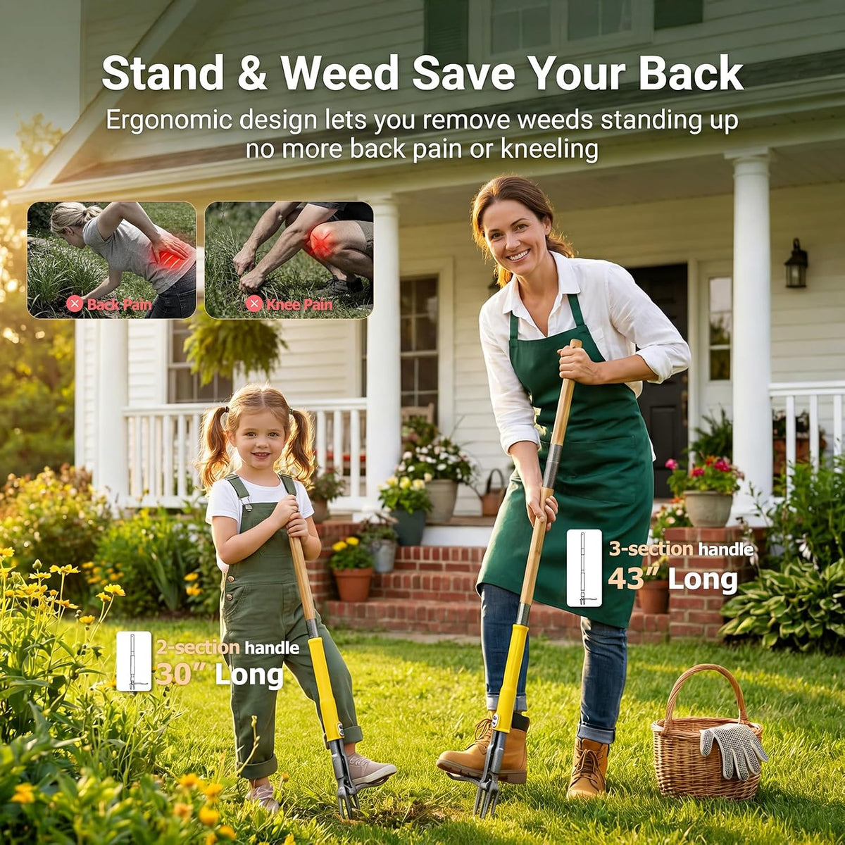 Stand Up Weed Puller Tool with Slide-Release System, Effortless Weeder for Lawn & Garden, 3-Section Wood Handle for Easy Storage, Adjustable Long Handle Weeding Tool for Garden Dandelions & Thistles