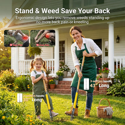 Stand Up Weed Puller Tool with Slide-Release System, Effortless Weeder for Lawn & Garden, 3-Section Wood Handle for Easy Storage, Adjustable Long Handle Weeding Tool for Garden Dandelions & Thistles