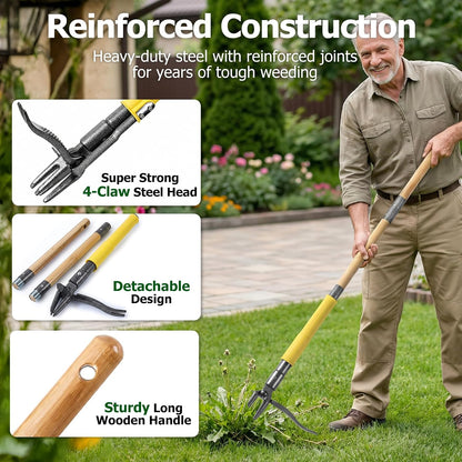 Stand Up Weed Puller Tool with Slide-Release System, Effortless Weeder for Lawn & Garden, 3-Section Wood Handle for Easy Storage, Adjustable Long Handle Weeding Tool for Garden Dandelions & Thistles
