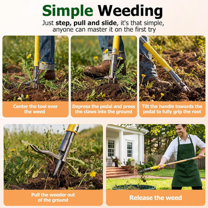 Stand Up Weed Puller Tool with Slide-Release System, Effortless Weeder for Lawn & Garden, 3-Section Wood Handle for Easy Storage, Adjustable Long Handle Weeding Tool for Garden Dandelions & Thistles