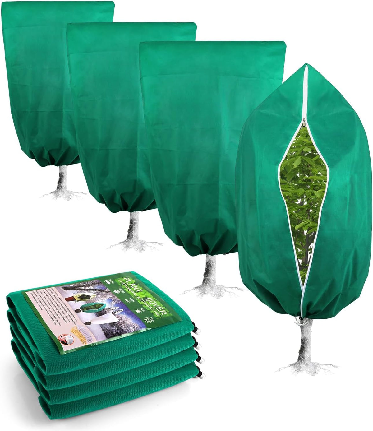 Plant Covers Freeze Protection, 4 Pack Frost Cloths with Zipper Drawstring (31.5" x 47.3"), Reusable Garden Fruit Tree Shrub Potted Protection Cover Bags Blanket for Winter Outdoor Frost Cold Weather