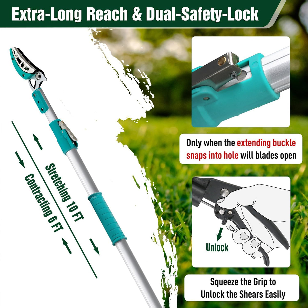 Lightweight Tree Pruner Extendable, 6-10ft Tree Trimmers Long Handle Pruner, Ergonomic Grip Long Reach Cut & Hold Pole Pruner and Stable Fruit Picker Pole