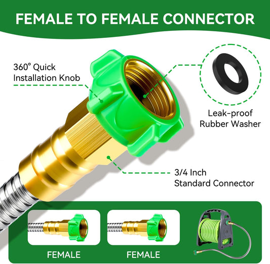 2ft Short Metal Garden Hose with Female to Female Connector, Heavy Duty Stainless Steel Flexible Leakproof Leader Hose for Hose Reel, Garden Watering, Car Washing, Pet Bathing (2ft Female to Female)