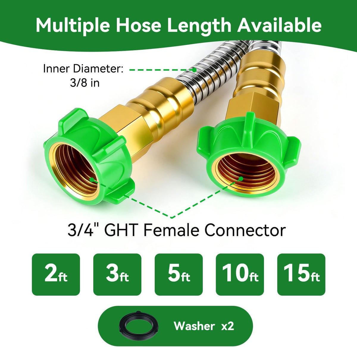 2ft Short Metal Garden Hose with Female to Female Connector, Heavy Duty Stainless Steel Flexible Leakproof Leader Hose for Hose Reel, Garden Watering, Car Washing, Pet Bathing (2ft Female to Female)
