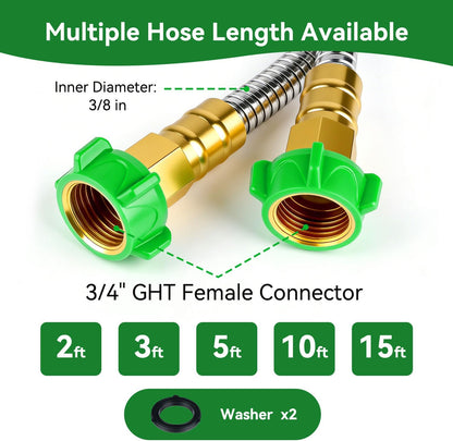 2ft Short Metal Garden Hose with Female to Female Connector, Heavy Duty Stainless Steel Flexible Leakproof Leader Hose for Hose Reel, Garden Watering, Car Washing, Pet Bathing (2ft Female to Female)