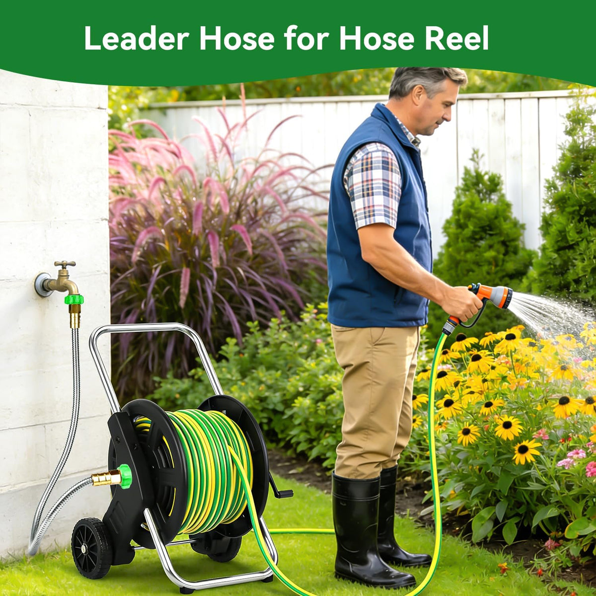 2ft Short Metal Garden Hose with Female to Female Connector, Heavy Duty Stainless Steel Flexible Leakproof Leader Hose for Hose Reel, Garden Watering, Car Washing, Pet Bathing (2ft Female to Female)