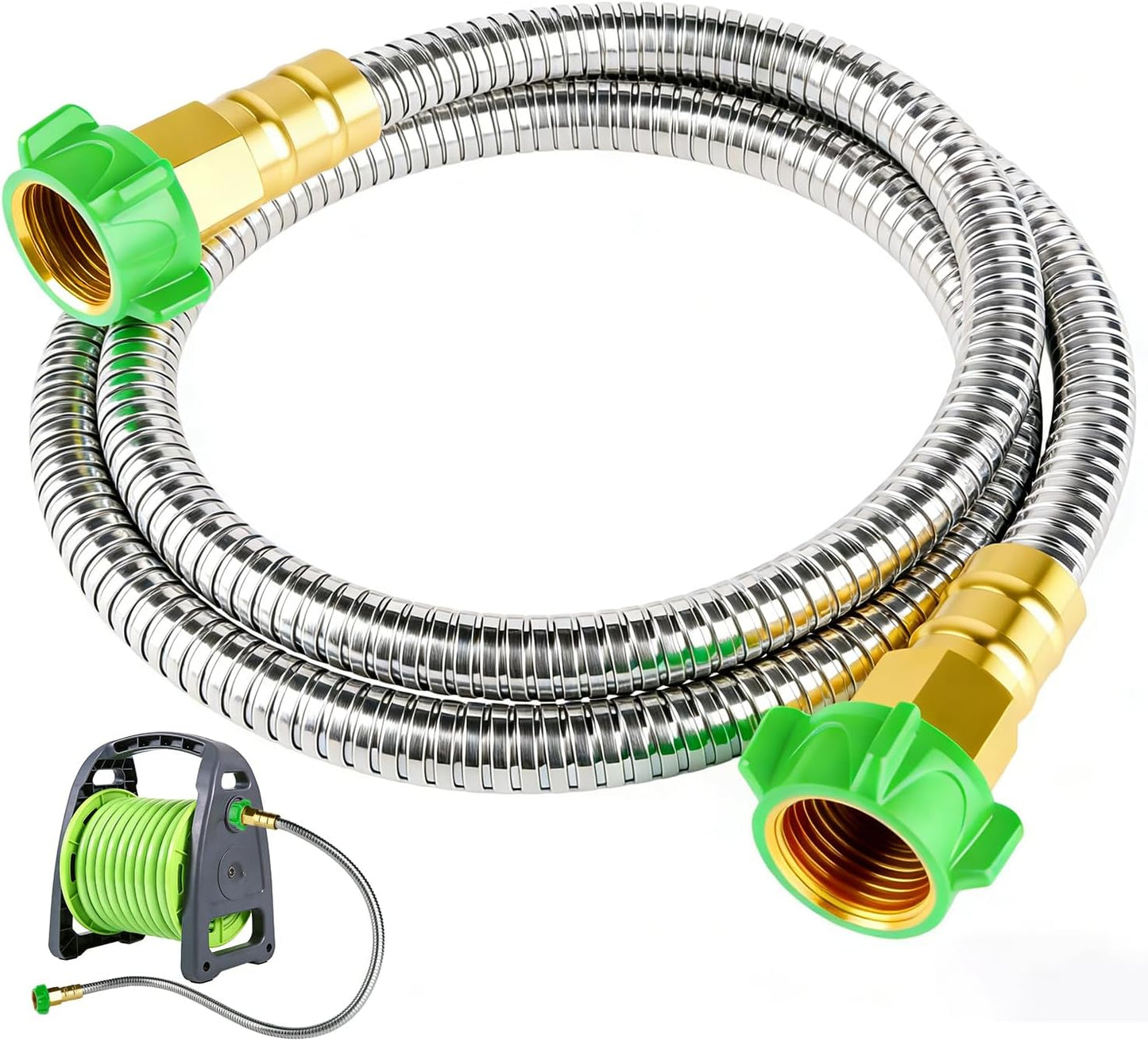 2ft Short Metal Garden Hose with Female to Female Connector, Heavy Duty Stainless Steel Flexible Leakproof Leader Hose for Hose Reel, Garden Watering, Car Washing, Pet Bathing (2ft Female to Female)