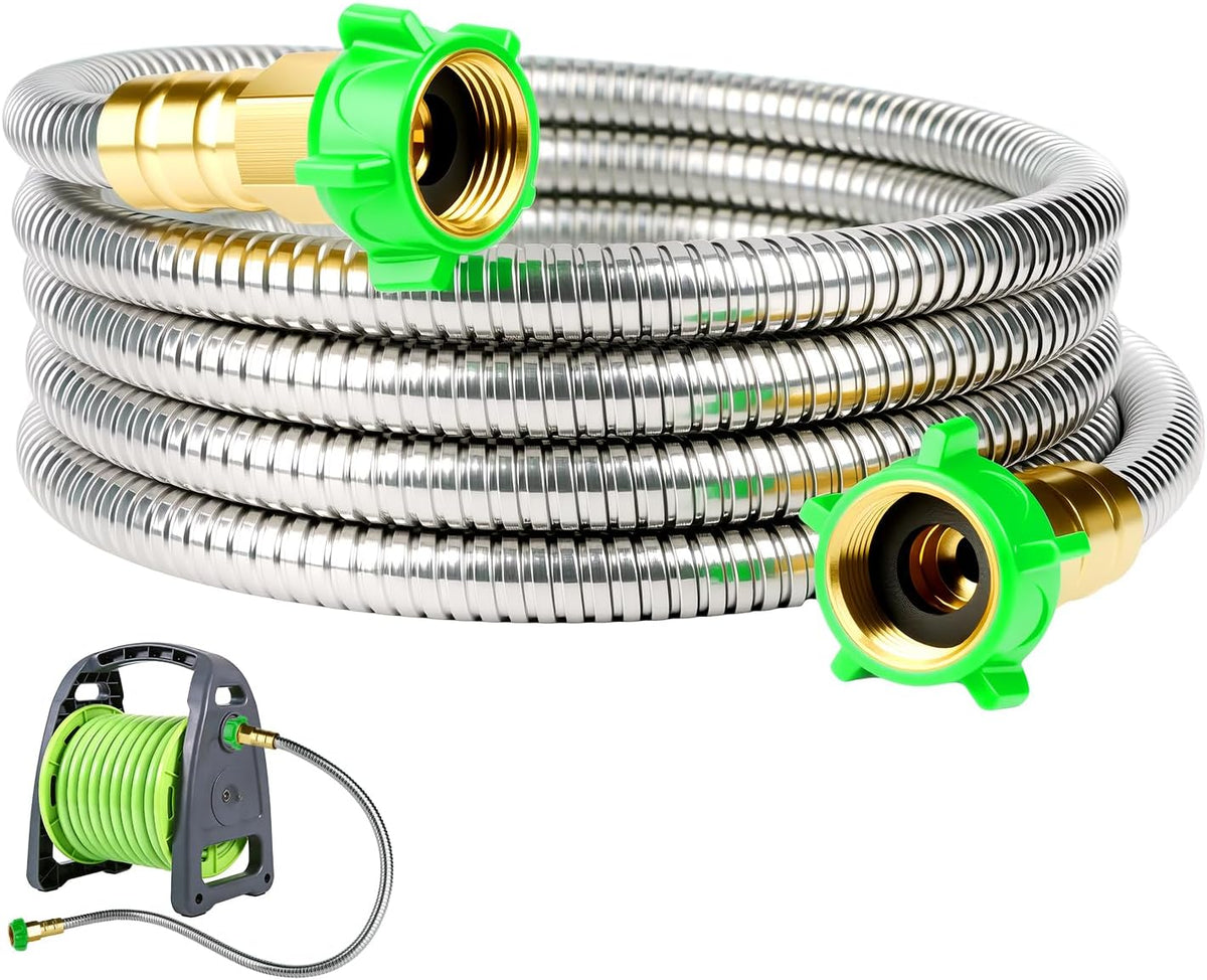 2ft Short Metal Garden Hose with Female to Female Connector, Heavy Duty Stainless Steel Flexible Leakproof Leader Hose for Hose Reel, Garden Watering, Car Washing, Pet Bathing (2ft Female to Female)