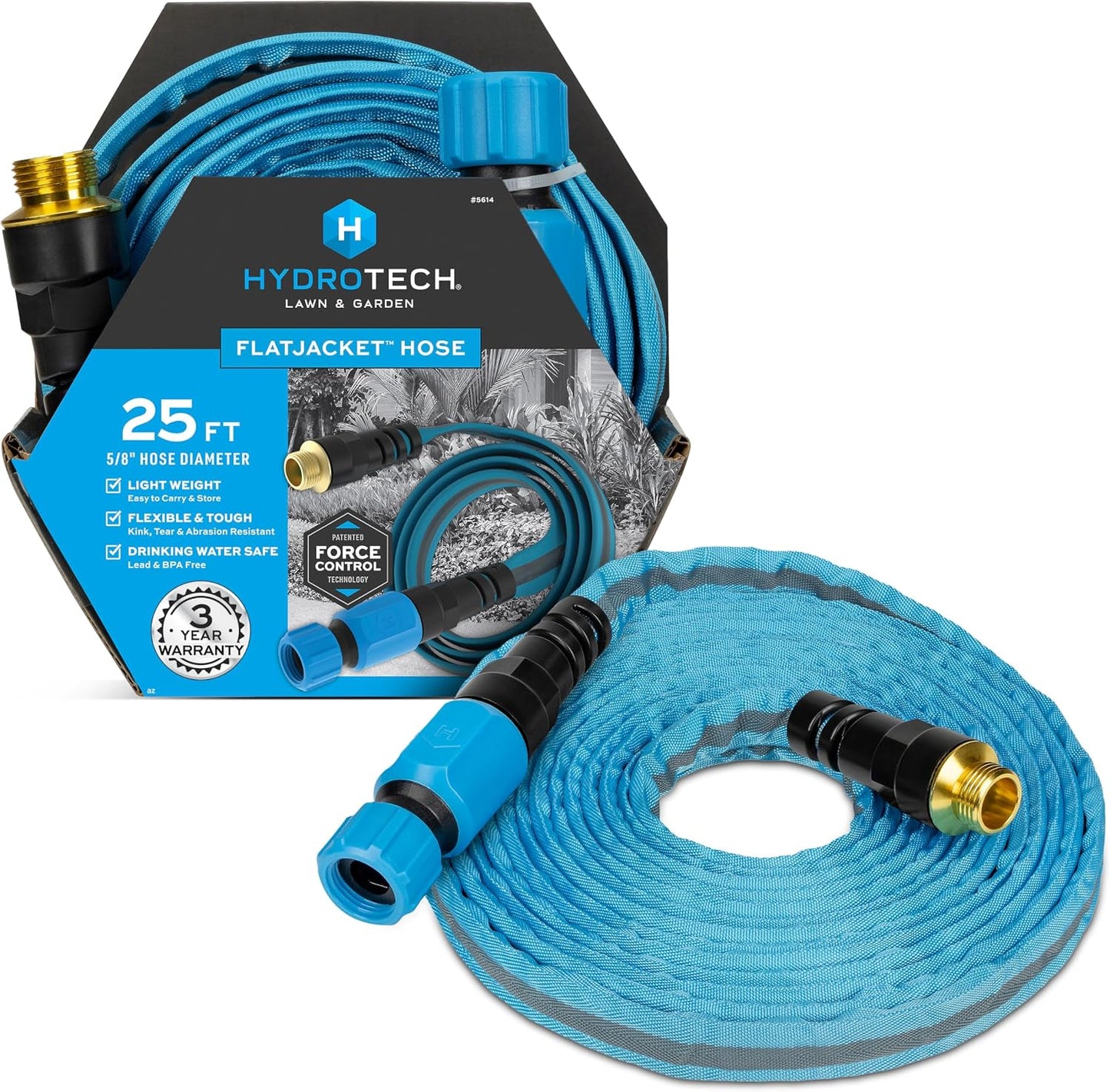 FlatJacket 5/8" 25 ft Garden Hose with Patented Force Control Technology- Flexible, Kink-Free, Lightweight Hose for Lawn, Garden, Car Washing, Deck and Patio Cleaning