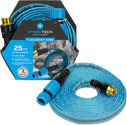 FlatJacket 5/8" 25 ft Garden Hose with Patented Force Control Technology- Flexible, Kink-Free, Lightweight Hose for Lawn, Garden, Car Washing, Deck and Patio Cleaning