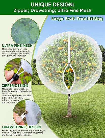 Large Fruit Trees Netting Zipper - 2Pcs 10X10 FT with Drawstring Bird-Proof,Durable Mesh Covers for Blueberry,Apple,Pear,Peach,Orange Trees&Tomato Plants Bug Insect Protection Cover (2,10X10 FT)