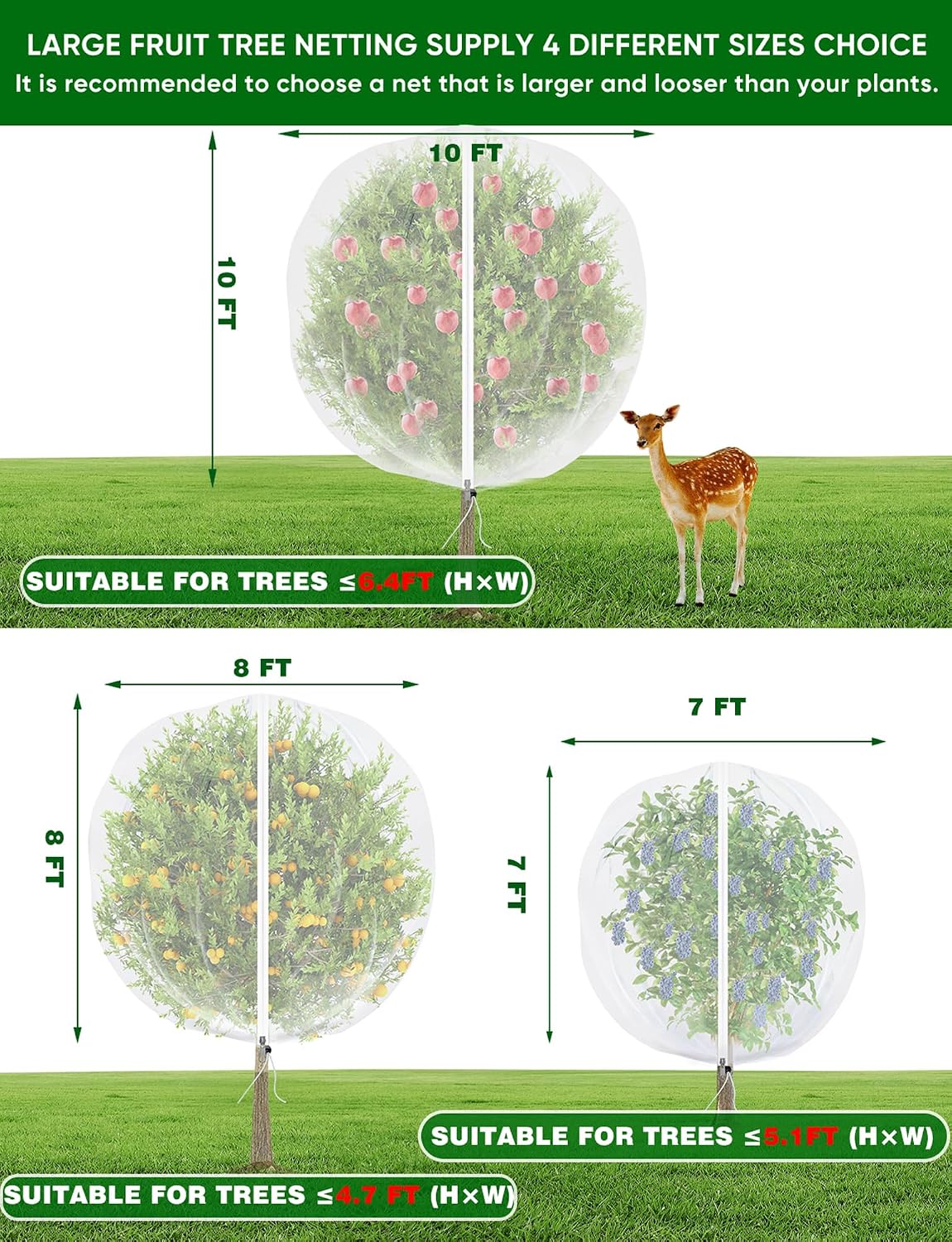 Large Fruit Trees Netting Zipper - 2Pcs 10X10 FT with Drawstring Bird-Proof,Durable Mesh Covers for Blueberry,Apple,Pear,Peach,Orange Trees&Tomato Plants Bug Insect Protection Cover (2,10X10 FT)