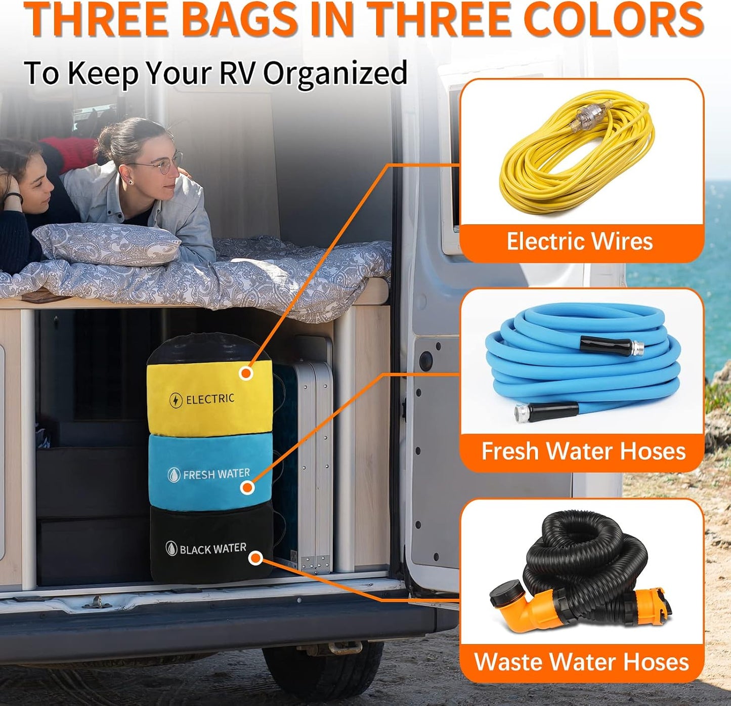 3PK RV Hose Storage Bags, Waterproof Camper Cord Utility Organizer