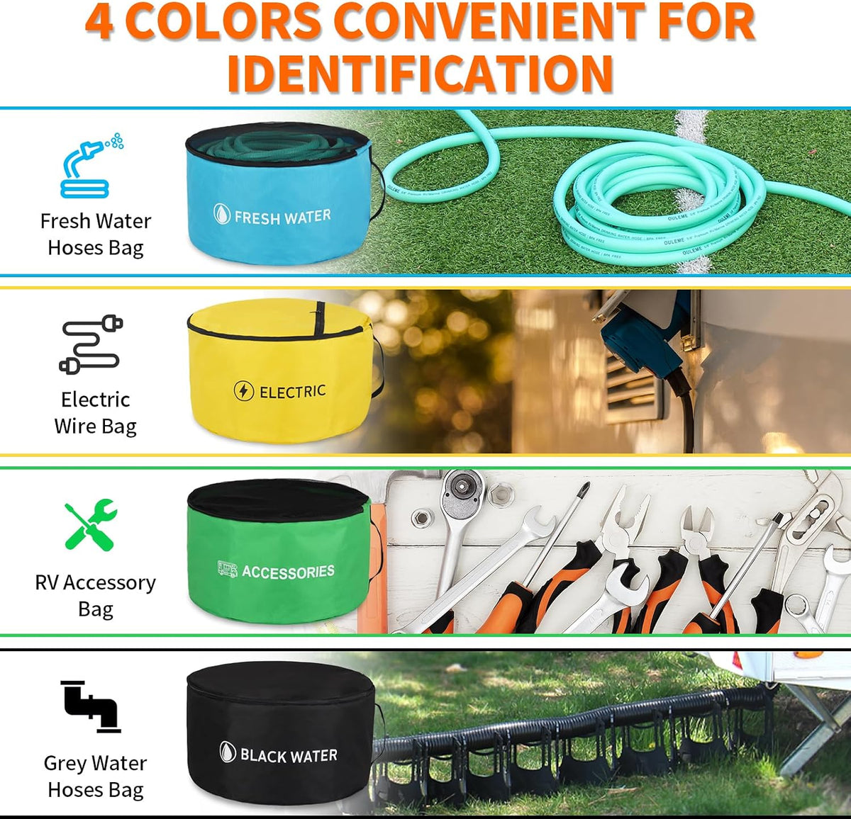 3PK RV Hose Storage Bags, Waterproof Camper Cord Utility Organizer