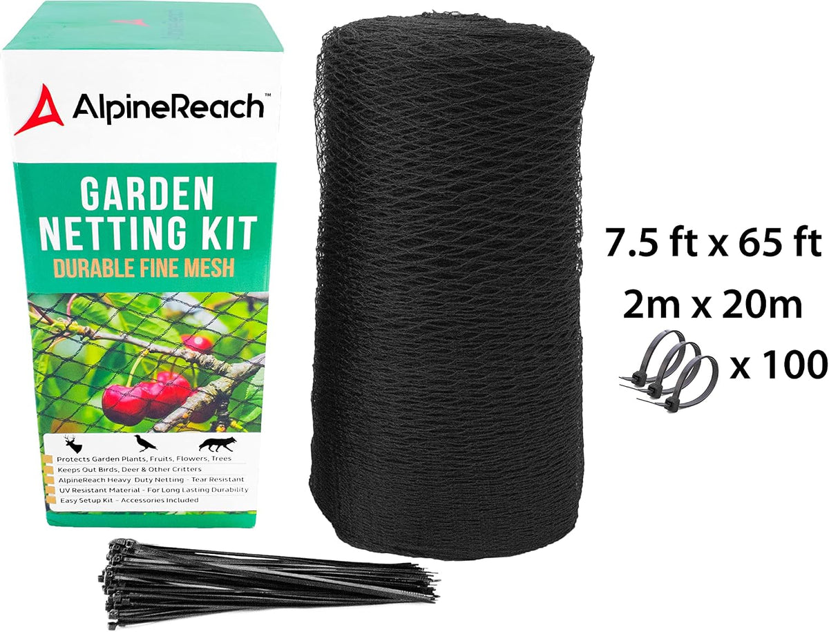 Garden Netting 7.5 x 65 ft Heavy Duty Bird Net, Deer, Plant Protection Extra Strong Woven Mesh, Reusable Kit with Zip Ties, Animal Fencing for Fruits Trees, Black