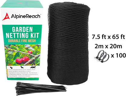 Garden Netting 7.5 x 65 ft Heavy Duty Bird Net, Deer, Plant Protection Extra Strong Woven Mesh, Reusable Kit with Zip Ties, Animal Fencing for Fruits Trees, Black