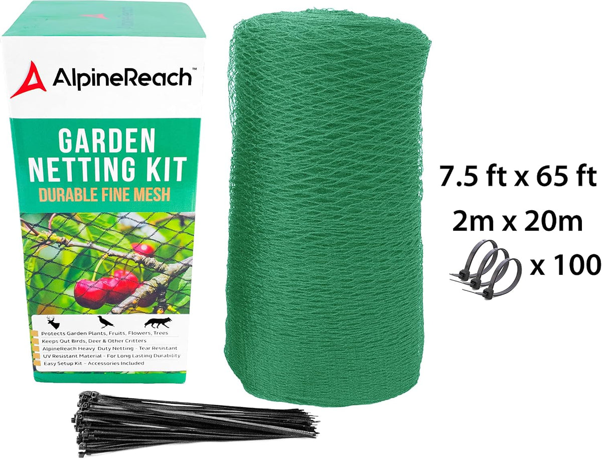 Garden Netting 7.5 x 65 ft Heavy Duty Bird Net, Deer, Plant Protection Extra Strong Woven Mesh, Reusable Kit with Zip Ties, Animal Fencing for Fruits Trees, Black