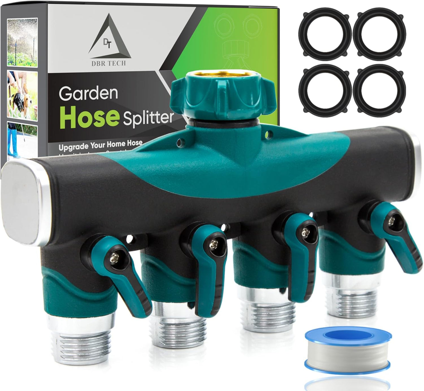 ® 4 Way Hose Splitter (Superior Durability), Premium Garden Hoses Connector, 4 Way Heavy Duty Water Valve for Spigot Faucet Bib, Four Outlet with On Off Valve, Rust-Resistant Adapter, Green