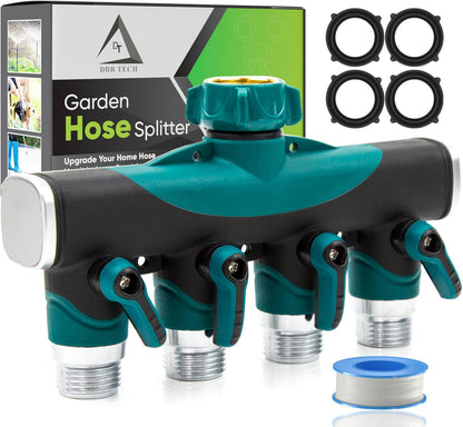 ® 4 Way Hose Splitter (Superior Durability), Premium Garden Hoses Connector, 4 Way Heavy Duty Water Valve for Spigot Faucet Bib, Four Outlet with On Off Valve, Rust-Resistant Adapter, Green