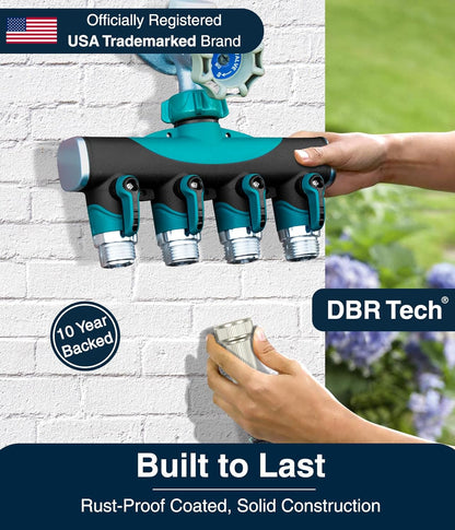 ® 4 Way Hose Splitter (Superior Durability), Premium Garden Hoses Connector, 4 Way Heavy Duty Water Valve for Spigot Faucet Bib, Four Outlet with On Off Valve, Rust-Resistant Adapter, Green