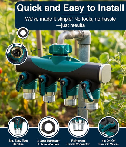 ® 4 Way Hose Splitter (Superior Durability), Premium Garden Hoses Connector, 4 Way Heavy Duty Water Valve for Spigot Faucet Bib, Four Outlet with On Off Valve, Rust-Resistant Adapter, Green