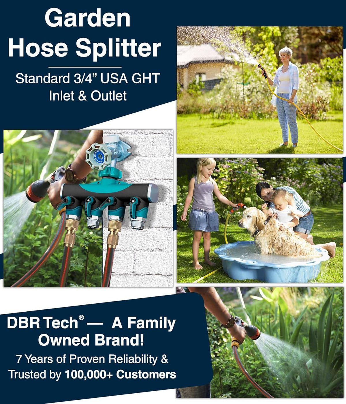® 4 Way Hose Splitter (Superior Durability), Premium Garden Hoses Connector, 4 Way Heavy Duty Water Valve for Spigot Faucet Bib, Four Outlet with On Off Valve, Rust-Resistant Adapter, Green