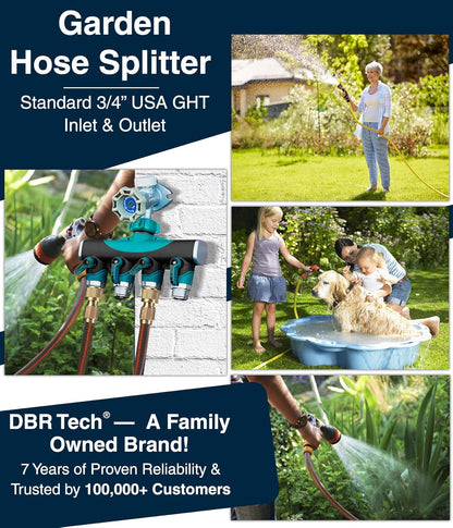 ® 4 Way Hose Splitter (Superior Durability), Premium Garden Hoses Connector, 4 Way Heavy Duty Water Valve for Spigot Faucet Bib, Four Outlet with On Off Valve, Rust-Resistant Adapter, Green